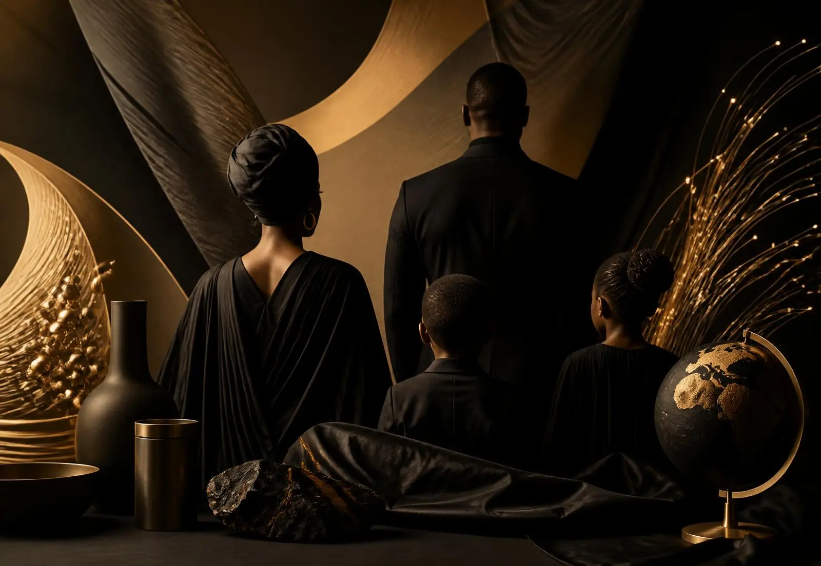 Family figures silhouetted against layered gold and black textures